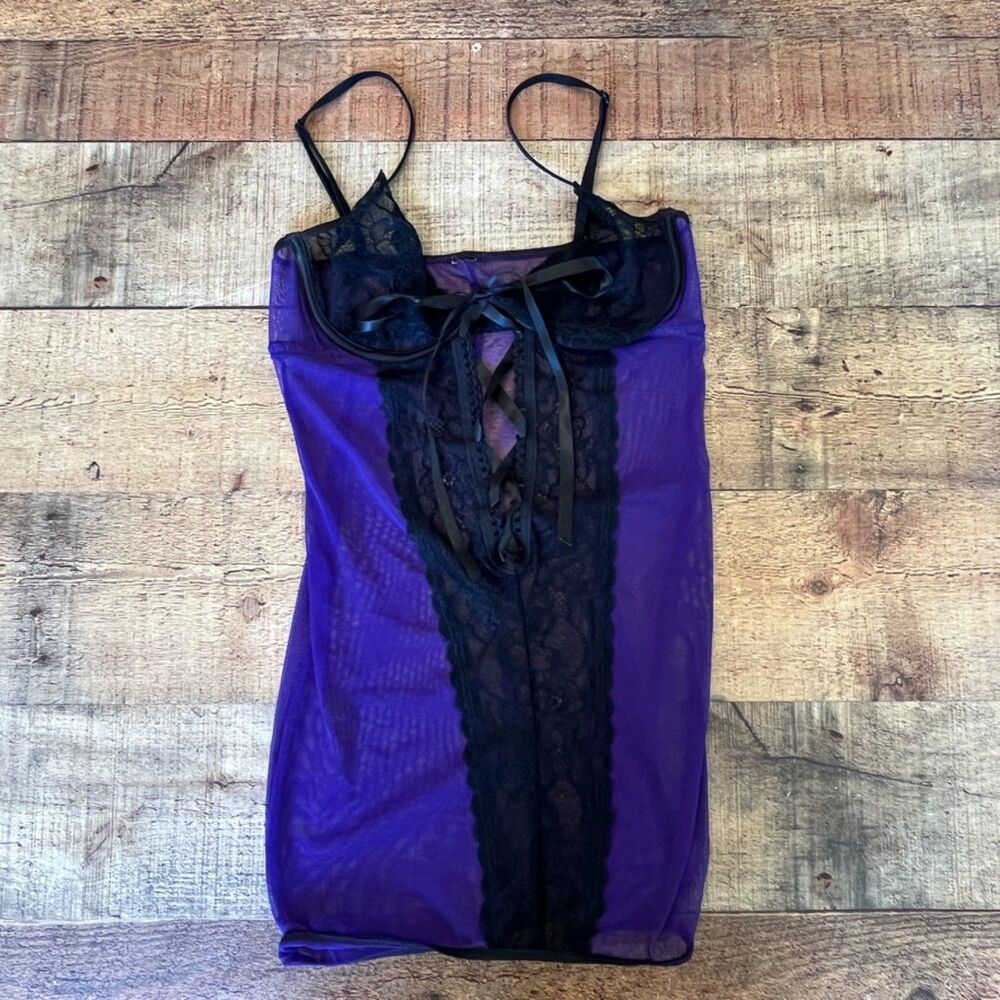 Purple Mesh Black Lace Negligee Lingerie Chemise Underwire Lace Up Corset Sexy